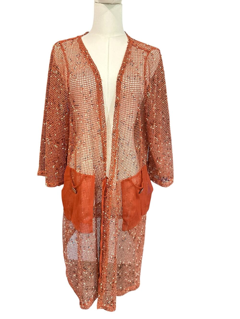 Pretty Angel Cardigan Rust Linen Blend Duster Lagenlook Boho Open Knit LG Artsy